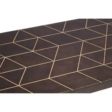 Brown Mango Wood Rectangular Coffee Table with Gold Tip Legs and Geometric Gold Lines on Top, Naro