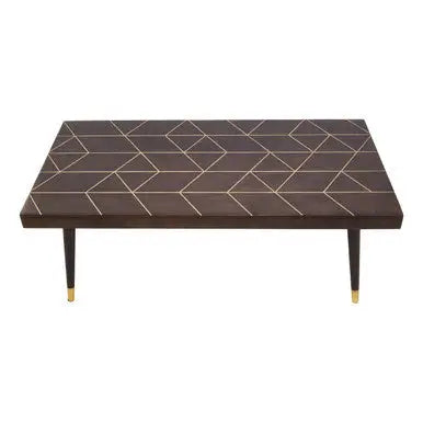 Brown Mango Wood Rectangular Coffee Table with Gold Tip Legs and Geometric Gold Lines on Top, Naro