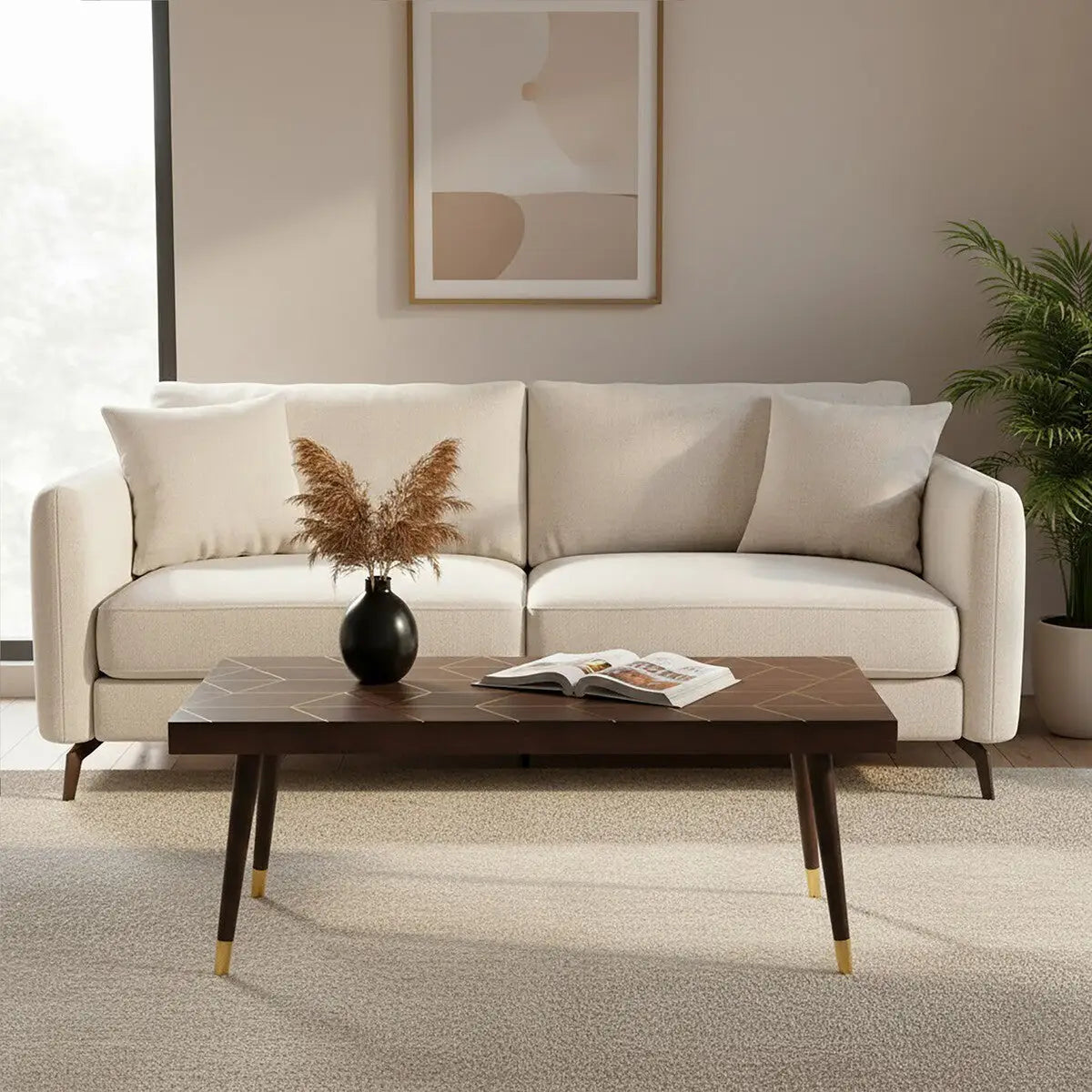 Brown Mango Wood Rectangular Coffee Table with Gold Tip Legs and Geometric Gold Lines on Top, Naro