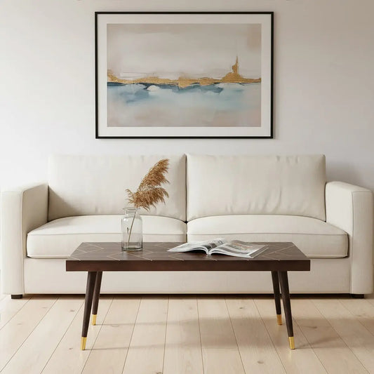 Brown Mango Wood Rectangular Coffee Table with Gold Tip Legs and Geometric Gold Lines on Top, Naro