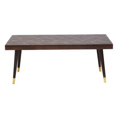 Brown Mango Wood Rectangular Coffee Table with Gold Tip Legs and Geometric Gold Lines on Top, Naro