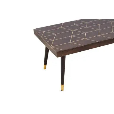 Brown Mango Wood Rectangular Coffee Table with Gold Tip Legs and Geometric Gold Lines on Top, Naro
