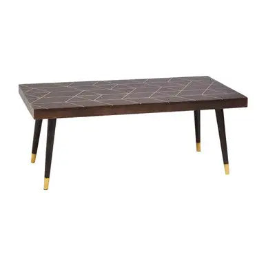Brown Mango Wood Rectangular Coffee Table with Gold Tip Legs and Geometric Gold Lines on Top, Naro