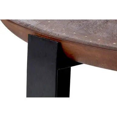 Brown Mango Wood Top Round Side Table with Black X Shape Metal Base, Templar