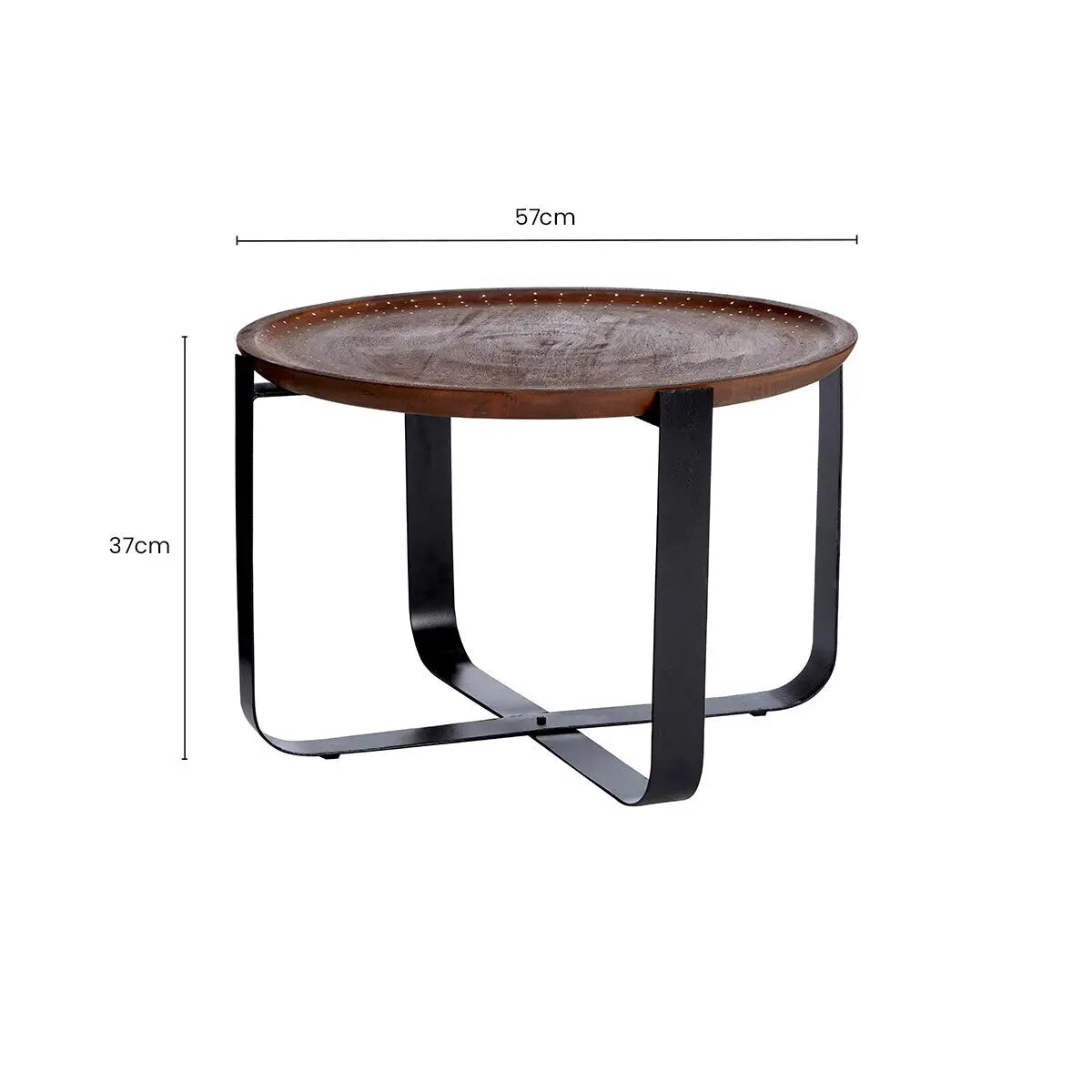 Brown Mango Wood Top Round Side Table with Black X Shape Metal Base, Templar