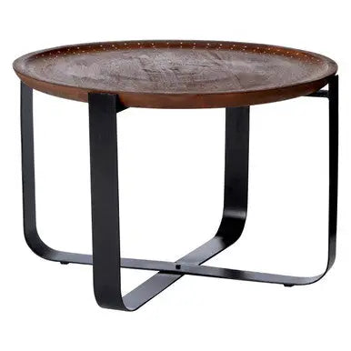 Brown Mango Wood Top Round Side Table with Black X Shape Metal Base, Templar