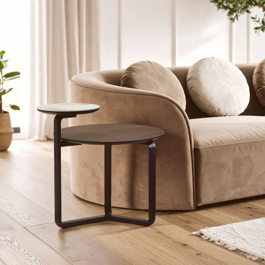 Brown Marble Effect Ceramic Top Round 2-Tier Coffee Table with Eucalyptus Veneer Lower Shelf and Black Metal Legs, Imperia