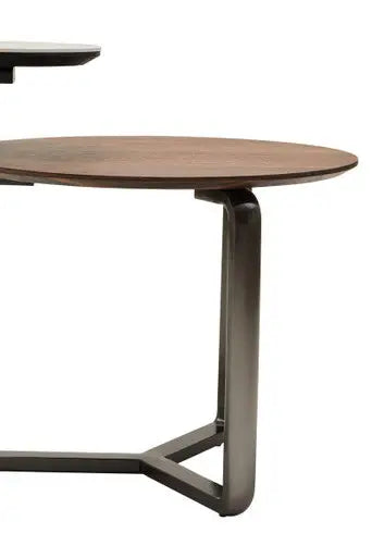 Brown Marble Effect Ceramic Top Round 2-Tier Coffee Table with Eucalyptus Veneer Lower Shelf and Black Metal Legs, Imperia