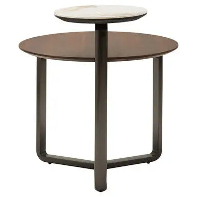 Brown Marble Effect Ceramic Top Round 2-Tier Coffee Table with Eucalyptus Veneer Lower Shelf and Black Metal Legs, Imperia