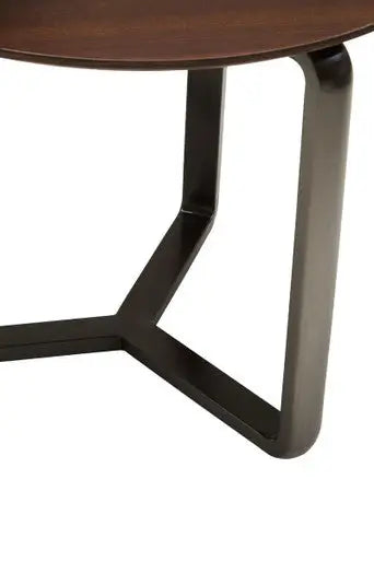 Brown Marble Effect Ceramic Top Round 2-Tier Coffee Table with Eucalyptus Veneer Lower Shelf and Black Metal Legs, Imperia