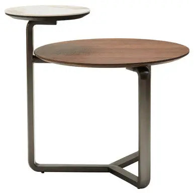 Brown Marble Effect Ceramic Top Round 2-Tier Coffee Table with Eucalyptus Veneer Lower Shelf and Black Metal Legs, Imperia