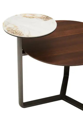 Brown Marble Effect Ceramic Top Round 2-Tier Coffee Table with Eucalyptus Veneer Lower Shelf and Black Metal Legs, Imperia