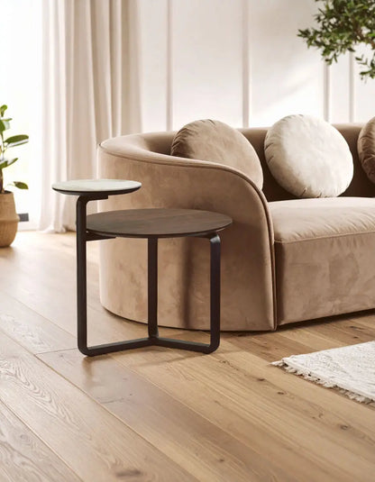 Brown Marble Effect Ceramic Top Round 2-Tier Coffee Table with Eucalyptus Veneer Lower Shelf and Black Metal Legs, Imperia