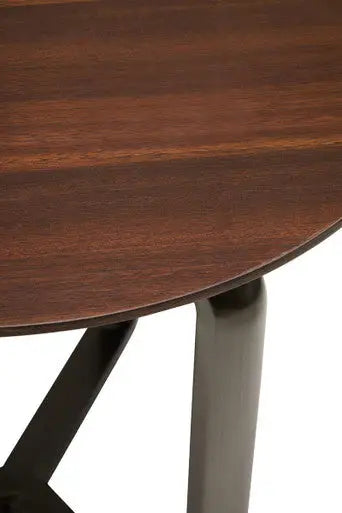 Brown Marble Effect Ceramic Top Round 2-Tier Coffee Table with Eucalyptus Veneer Lower Shelf and Black Metal Legs, Imperia