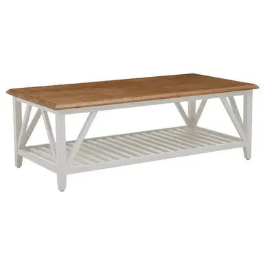 Brown Natural Oak and Birch Wood Rectangular Coffee Table with White Frame, Parkside