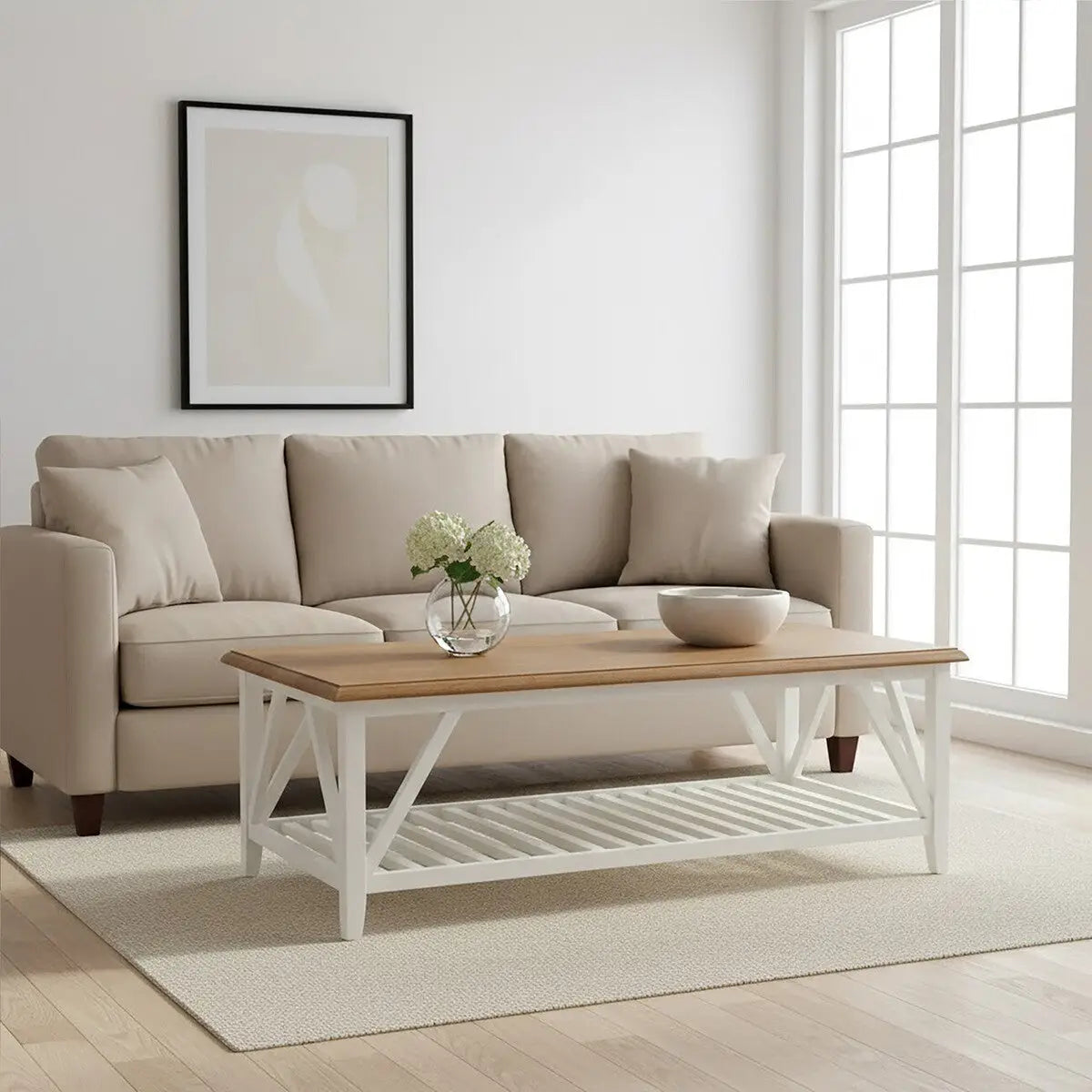 Brown Natural Oak and Birch Wood Rectangular Coffee Table with White Frame, Parkside