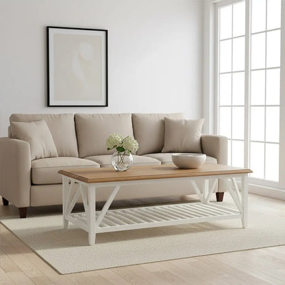 Brown Natural Oak and Birch Wood Rectangular Coffee Table with White Frame, Parkside
