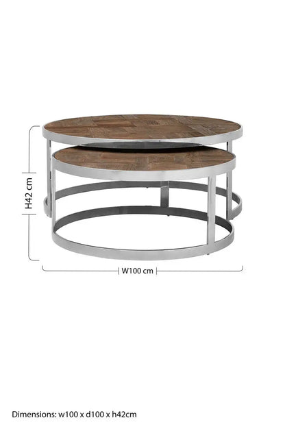 Brown Parquet Effect Elm Wood Top Nest of 2 Tables with Stainless Steel Frames, Mitra
