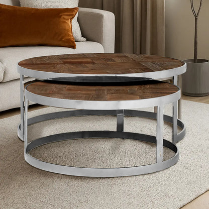 Brown Parquet Effect Elm Wood Top Nest of 2 Tables with Stainless Steel Frames, Mitra
