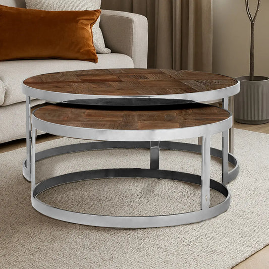 Brown Parquet Effect Elm Wood Top Nest of 2 Tables with Stainless Steel Frames, Mitra