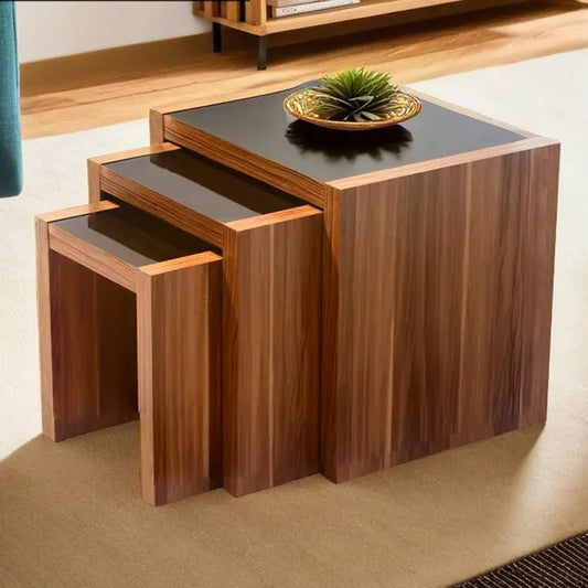 Brown Walnut Veneer Wooden Nest of 3 Tables with Black High Gloss Detail Top, Fargo