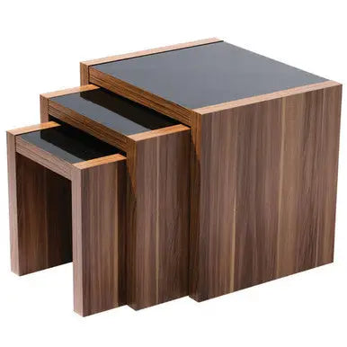 Brown Walnut Veneer Wooden Nest of 3 Tables with Black High Gloss Detail Top, Fargo