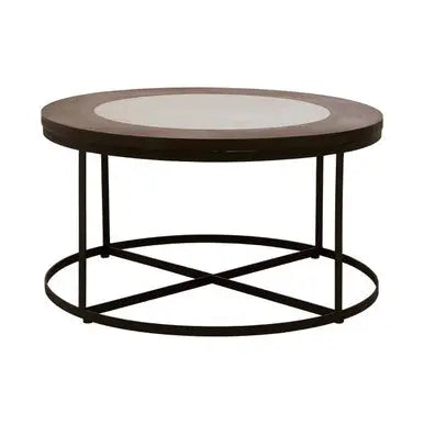 Brown Wood and White Marble Top Coffee Table with Black Iron Intersecting Base, Vasco