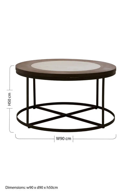 Brown Wood and White Marble Top Coffee Table with Black Iron Intersecting Base, Vasco