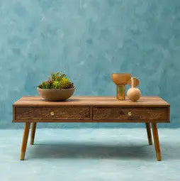 Brown Wood Veneer Coffee Table with 2 Drawers and Angular Wooden Legs, Frida
