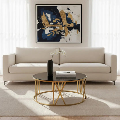 Brushed Gold Finish Steel Side Table with Roman Numeral Frame and Black Tempered Glass Top, Alana