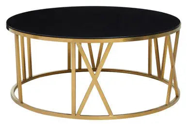 Brushed Gold Finish Steel Side Table with Roman Numeral Frame and Black Tempered Glass Top, Alana