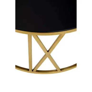 Brushed Gold Finish Steel Side Table with Roman Numeral Frame and Black Tempered Glass Top, Alana