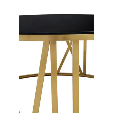 Brushed Gold Finish Steel Side Table with Roman Numeral Frame and Black Tempered Glass Top, Alana