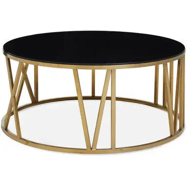 Brushed Gold Finish Steel Side Table with Roman Numeral Frame and Black Tempered Glass Top, Alana