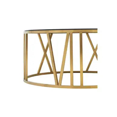 Brushed Gold Finish Steel Side Table with Roman Numeral Frame and Black Tempered Glass Top, Alana