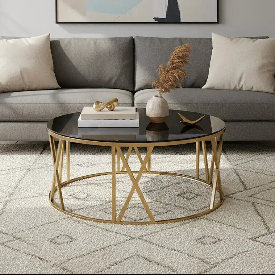 Brushed Gold Finish Steel Side Table with Roman Numeral Frame and Black Tempered Glass Top, Alana