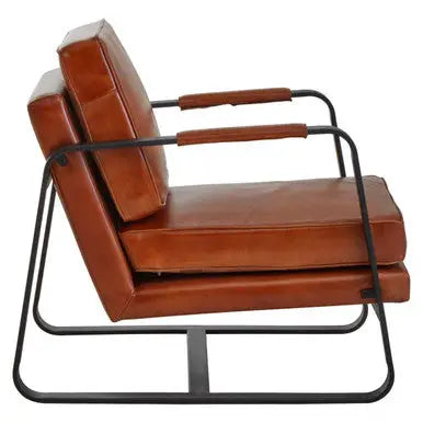 Buffalo Tan Leather Armchair with Curved Black Iron Frame