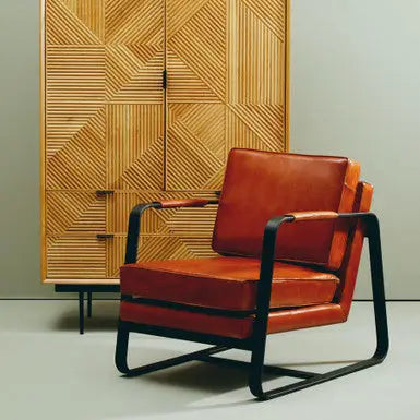 Buffalo Tan Leather Armchair with Curved Black Iron Frame