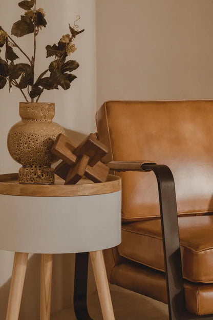 Buffalo Tan Leather Armchair with Curved Black Iron Frame