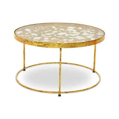 Butterfly Round Coffee Table with Glass Top and Gold Finish, Rabia