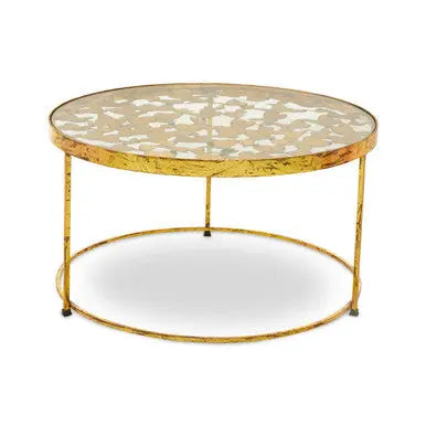 Butterfly Round Coffee Table with Glass Top and Gold Finish, Rabia