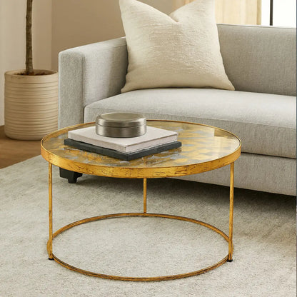 Butterfly Round Coffee Table with Glass Top and Gold Finish, Rabia
