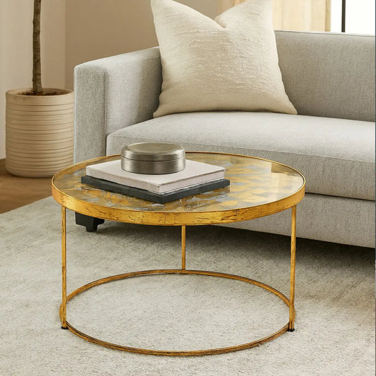 Butterfly Round Coffee Table with Glass Top and Gold Finish, Rabia