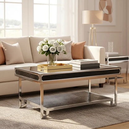 Carla Black Crocodile Leather Effect Mirrored Coffee Table