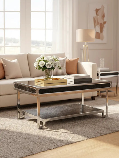Carla Black Crocodile Leather Effect Mirrored Coffee Table