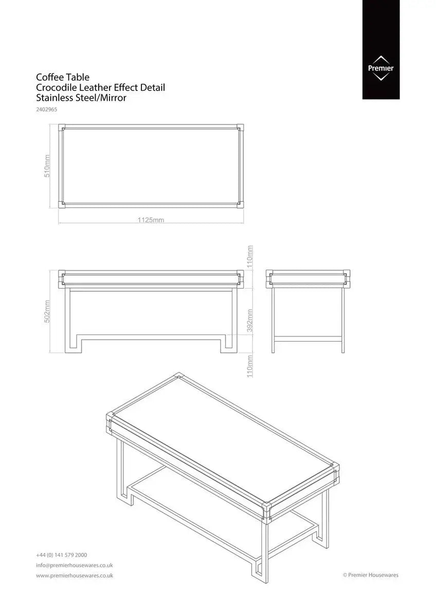 Carla Black Crocodile Leather Effect Mirrored Coffee Table