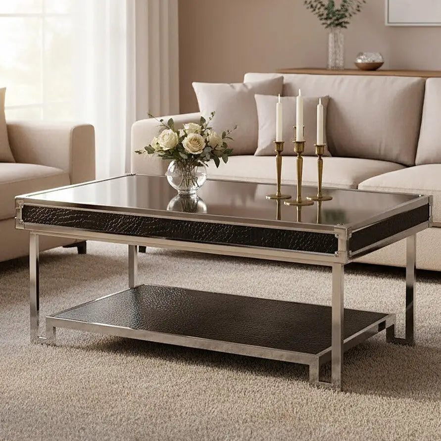 Carla Black Crocodile Leather Effect Mirrored Coffee Table