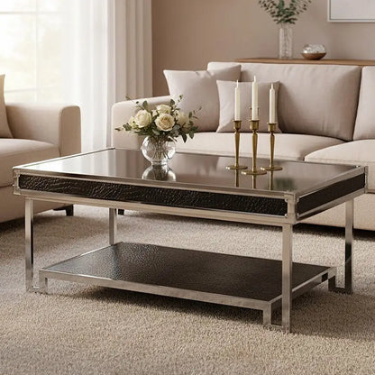 Carla Black Crocodile Leather Effect Mirrored Coffee Table