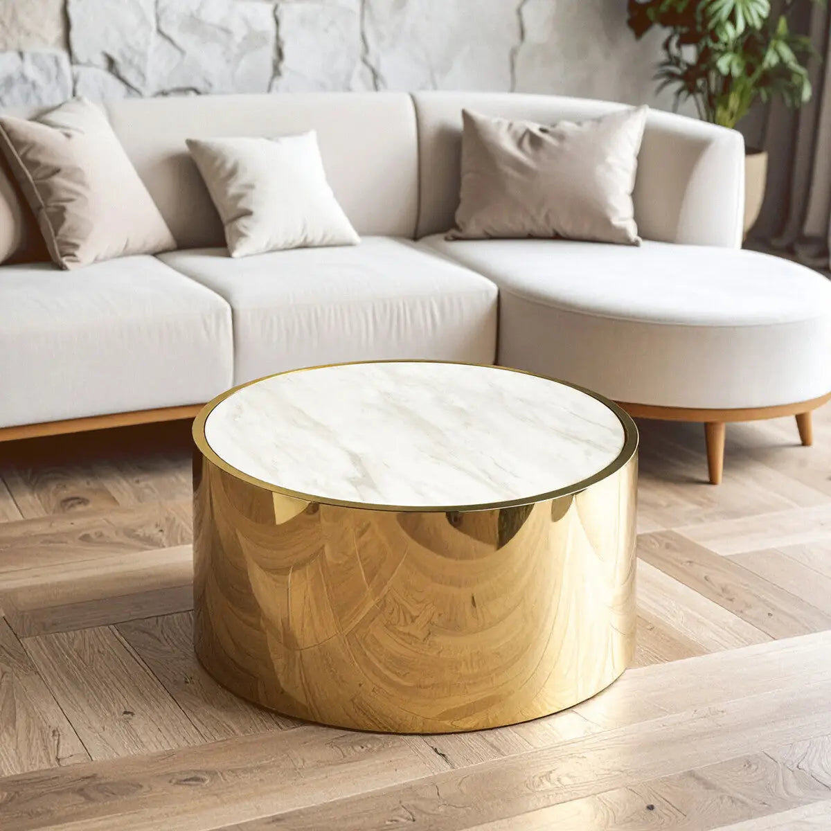 Carlox White Marble Effect and Gold Finish Round Coffee Table