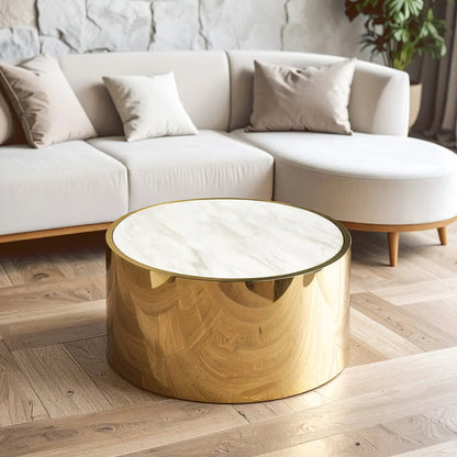 Carlox White Marble Effect and Gold Finish Round Coffee Table